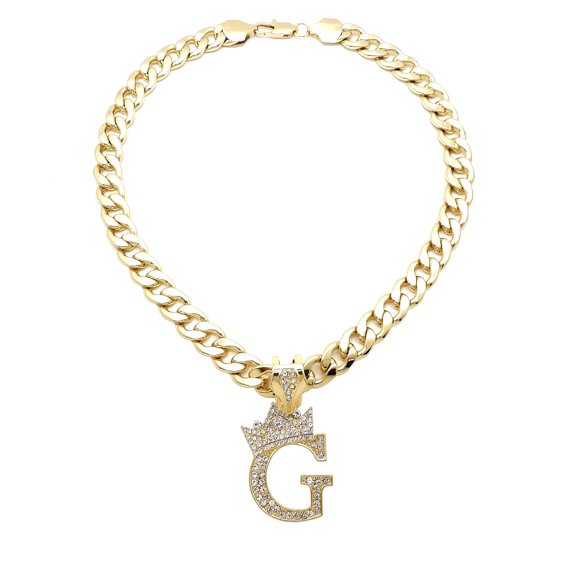 iJewelry2 Kings and Queens Crowned Initial Letter G Crystals Pendant Gold-tone Cuban Linked Chain Necklace