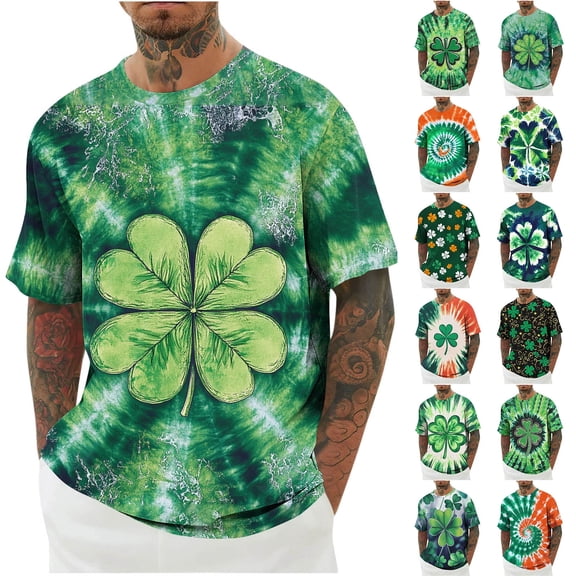 BiZtdJrK Mens St Patricks Day T-shirt Tie Dye Shamrock Graphic Tees Irish Holiday Short Sleeve Crewneck Tops Prime Sales Today Green XXXXL