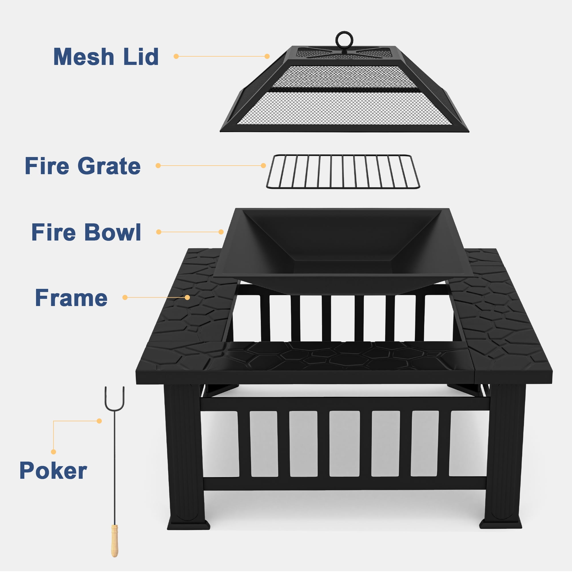 Kepooman 32" Wood Square Fire Pit Table for Outside Fire Pit/Ice Pit/BBQ Fire Pit, Black