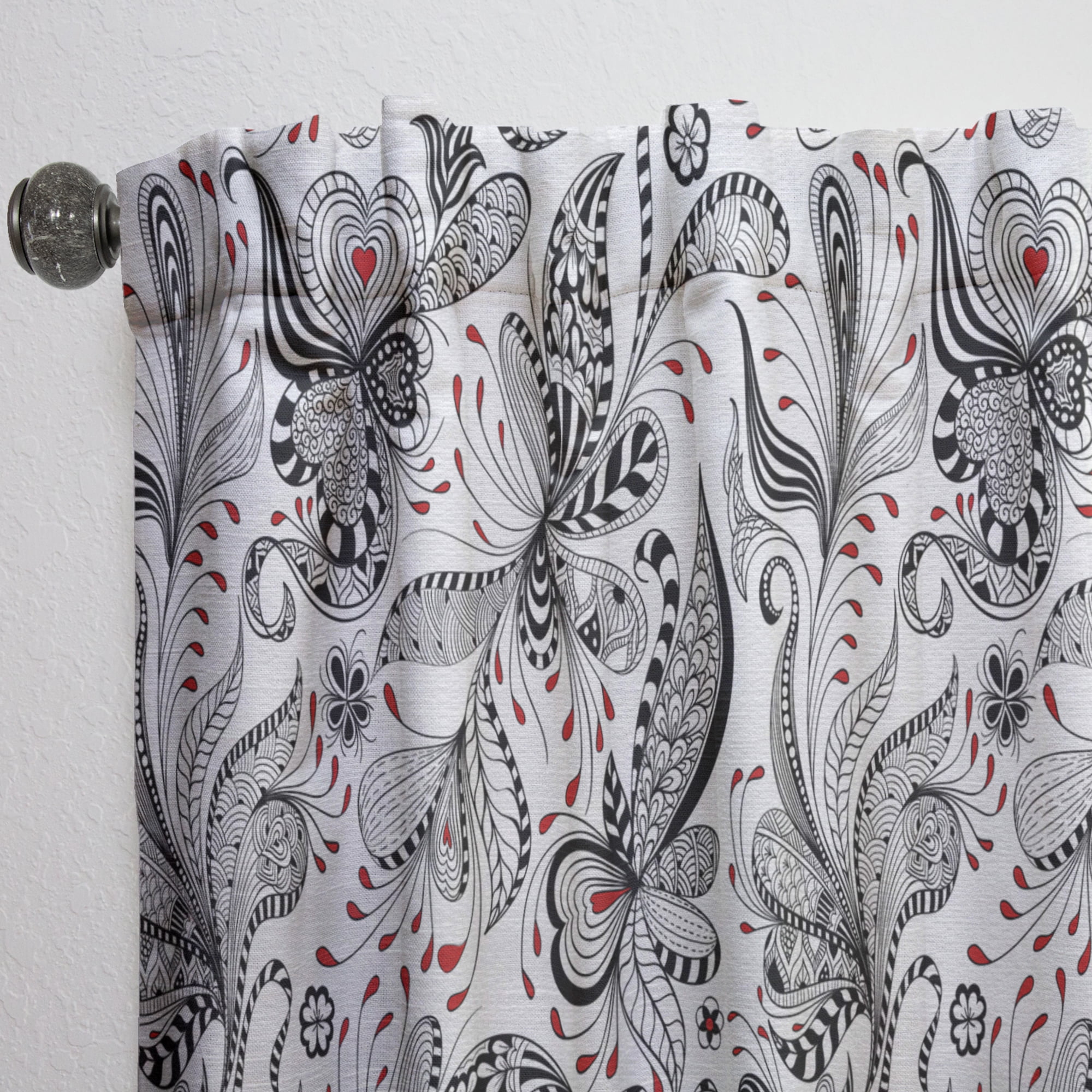 Designart 'Red and Black Floral Pattern' Bohemian & Eclectic Curtain Panel