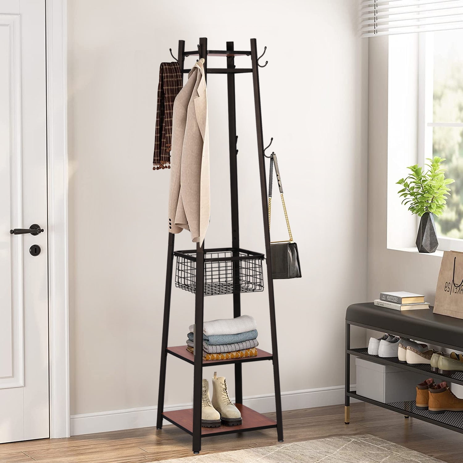 VECELO Brown Industrial Coat Rack Freestanding, Clothes Stand with Metal Basket and 2-Shelves, Purse Hanger with 8-Dual Hooks, Brown3