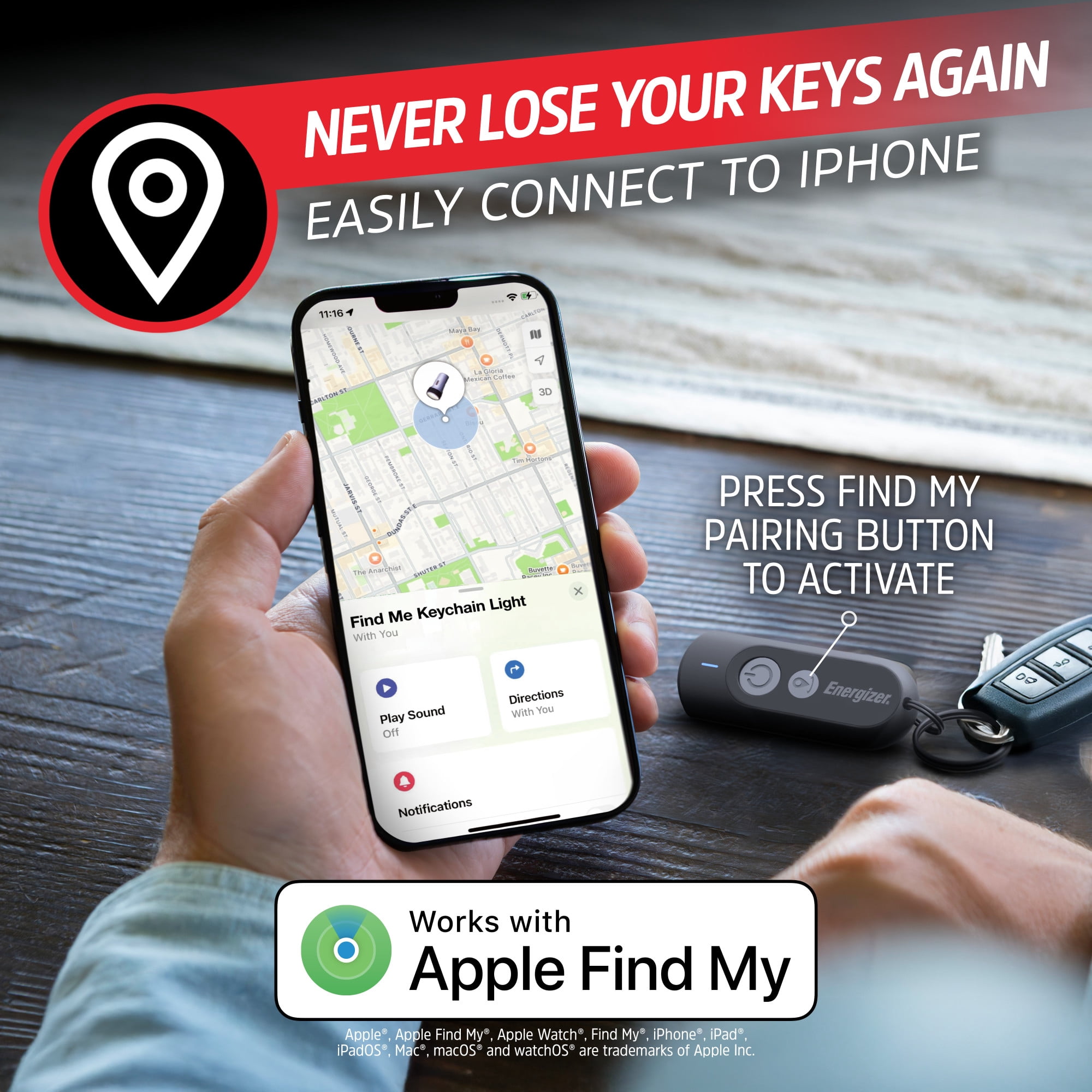 Energizer Apple Find My Key Device Tracker Keychain LED Flashlight for Everyday Travel
