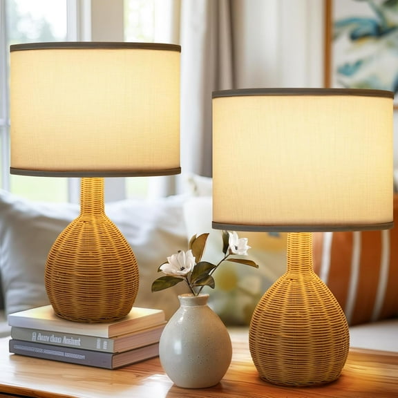 Set of 2 Natural Woven Rattan Table Lamps with LED Bulb, Modern Boho Style