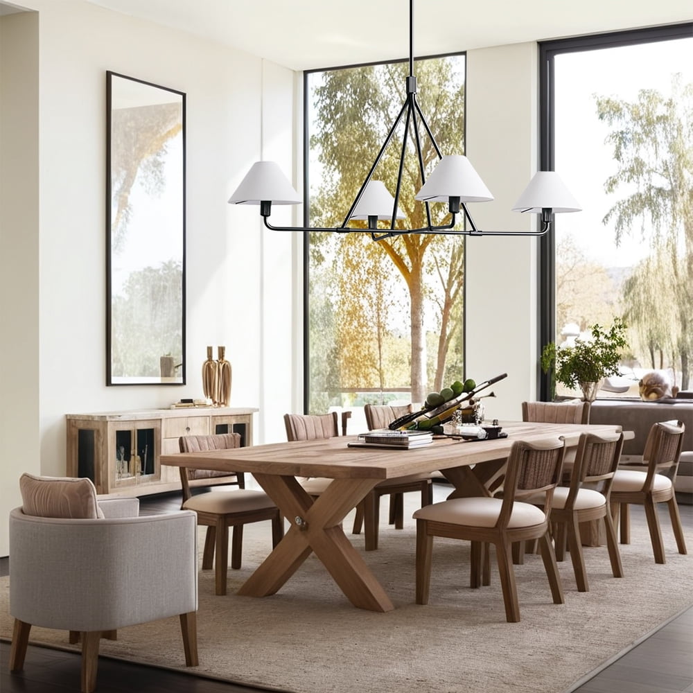 Mid-Century Matte Black  Linen Chandelier 37 Inch ,Conical Ceiling Light with Linen Shade, Natural 4-Light Ceiling Lamp, Organic Ceiling Mounted Light for Living Room, Dining Room