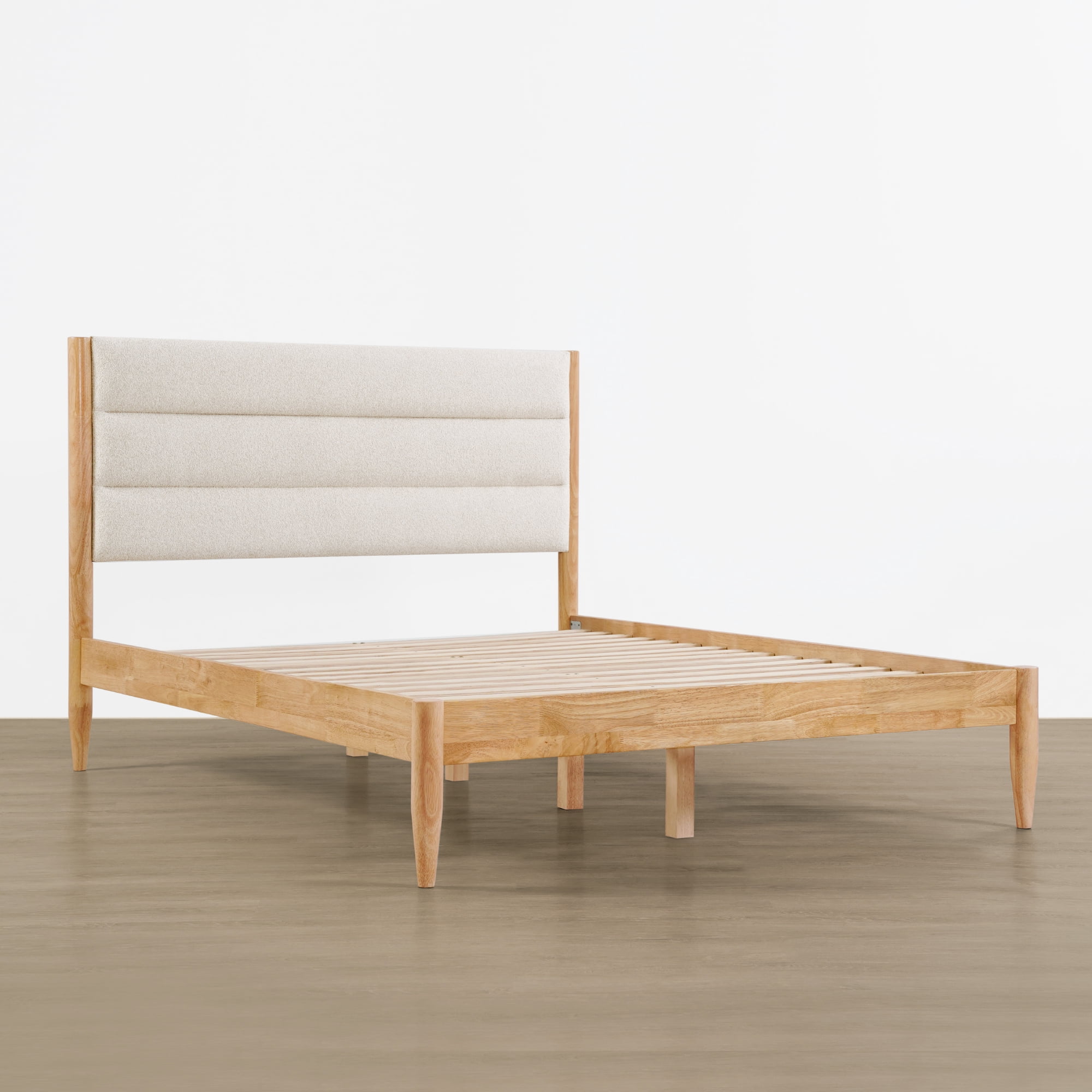 Spruce & Spring Farmhouse Upholstered Platform Bed Frame with Solid Wood Legs, Boucle Fabric Headboard, Wood Slat Support, King, Natural & Oat