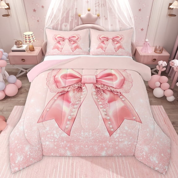 Castle Fairy Girls Pink Ribbon Bowknot Twin Comforter Sets,Dreamy Pearl Bowtie Bedding Set