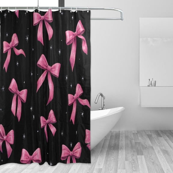 Pink Watercolor Bows Stars Black Background Shower Curtains with 12 Hooks Waterproof Bathroom Decor 66" x 72"