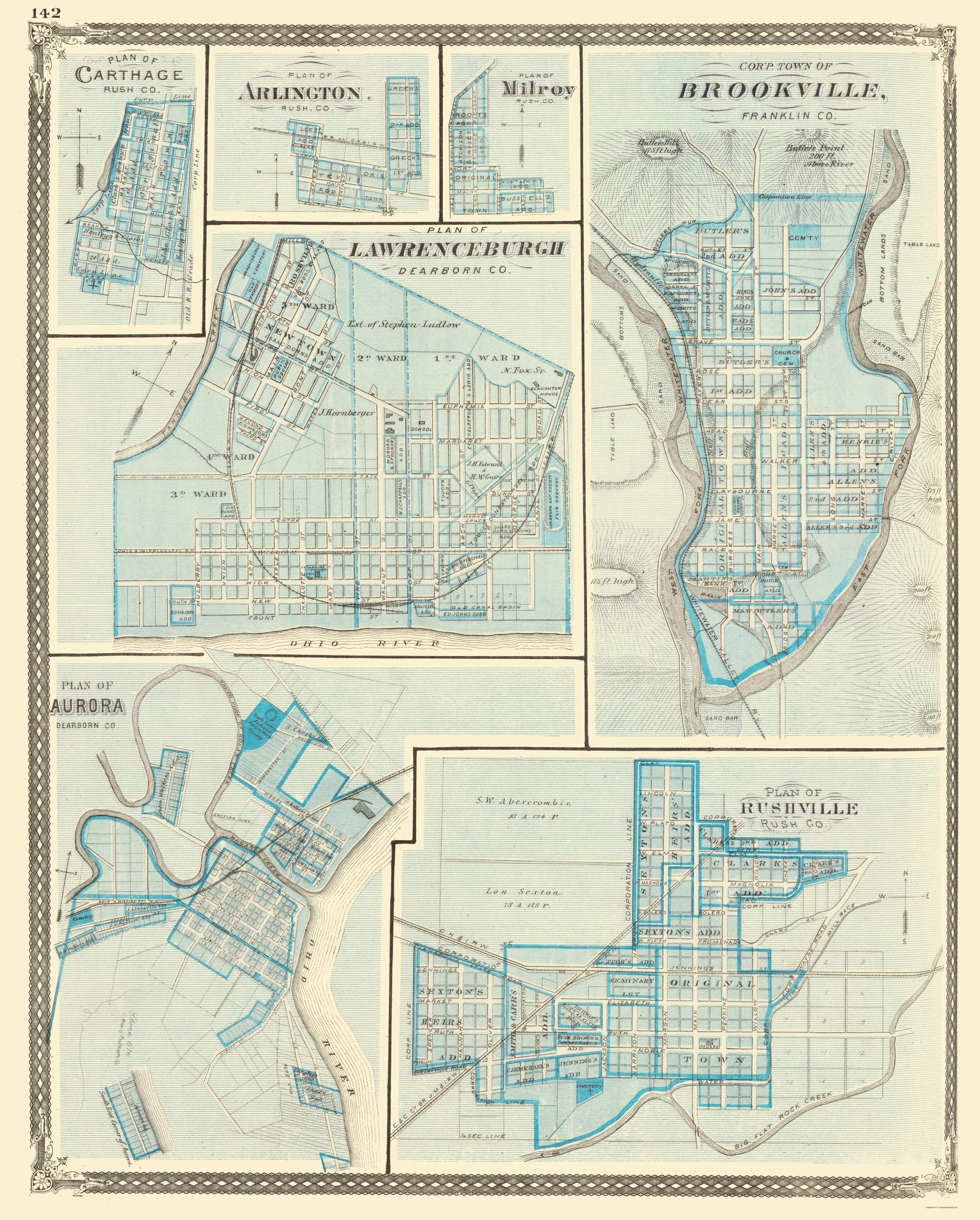 Brookeville, Rushville, Aurora, Lawrenceburgh Indiana - Baskin 1876