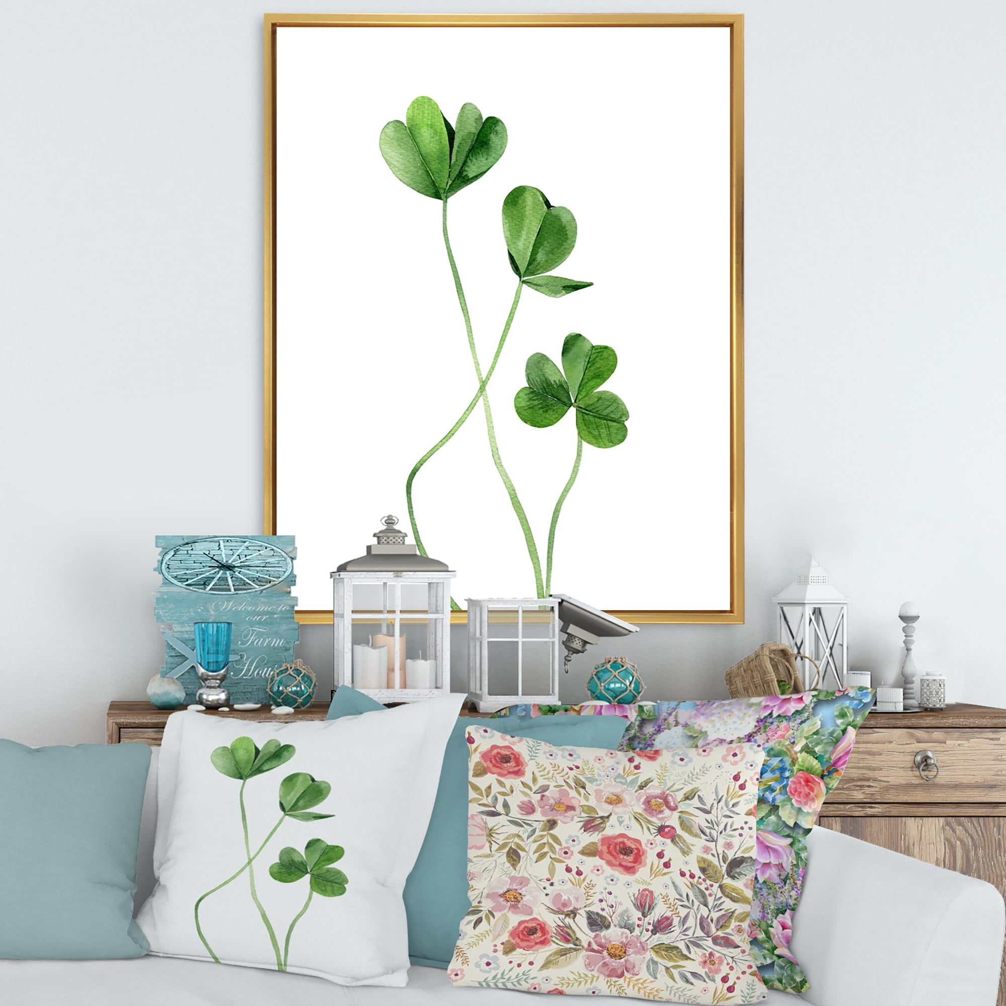 Designart 'Field Green Plant Detail Clover' Farmhouse Framed Canvas Wall Art Print