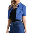 thumbnail image 4 of CHAQUETA DE MEZCLILLA RECORTADA PARA MUJER INSPIRE CHIC, MANGAS CORTAS, CIERRE FRONTAL CON BOTONES, TALLA XS, AZUL REAL, 4 of 6