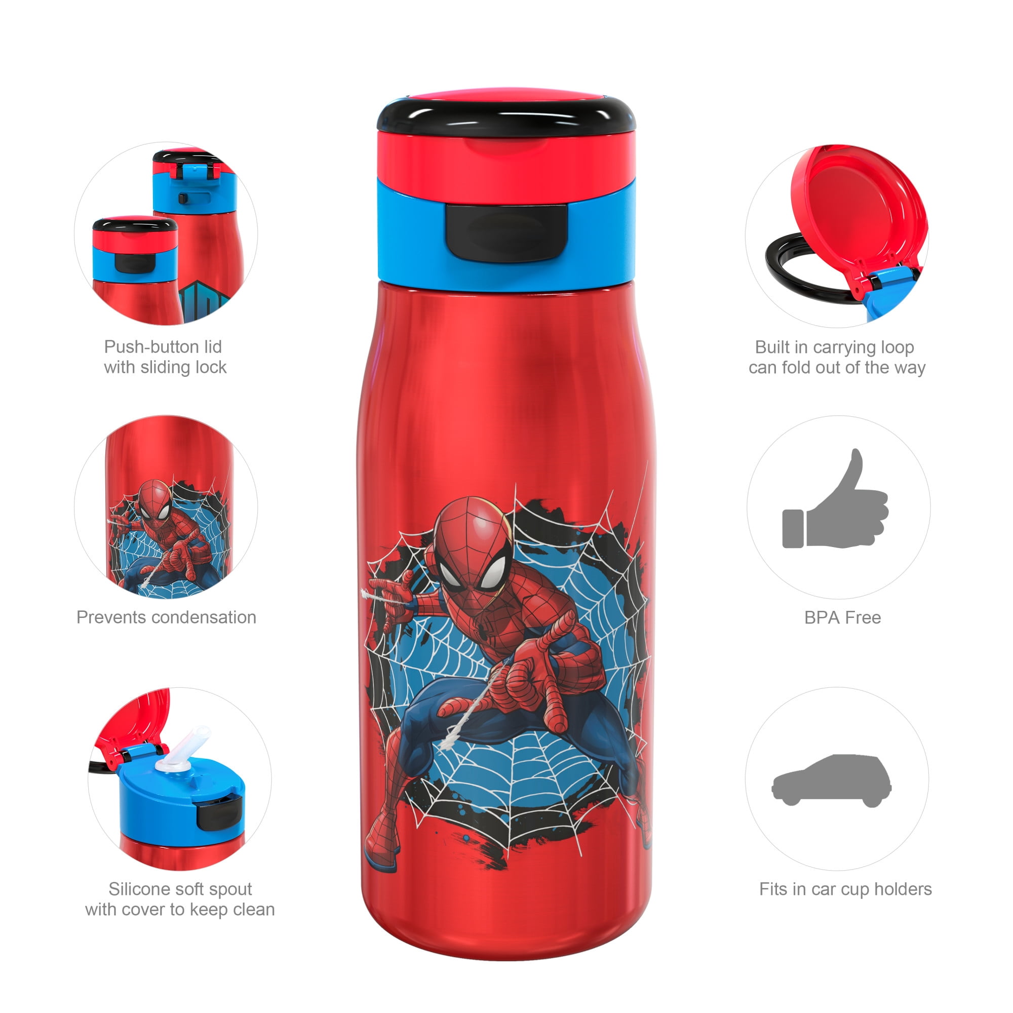 Zak Designs Marvel Comics 13.5 ounce Vacuum Insulated Stainless Steel Water Bottle, Spider-Man