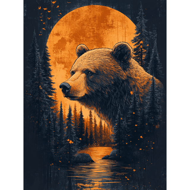 Qisvanset 12x16 Inch 2D Flat Framed Canvas Art, Majestic Bear Bold Forest Nature Inspired Home Wall Art Decor