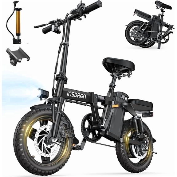 INSDRGN Folding Electric Bike for Adults Teens, 750W Motor, 16AH 48V Battery 14" Electric Bicycles, 35 Miles Range, Mini Ebike for City Commuter, UL2849, Black