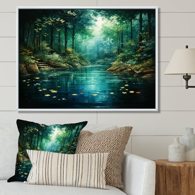 Designart Décoration Murale Encadrée Surdimensionnée Forêt, art Mural Encadré Forêt, Auvent Rivière Forêt Émeraude Décoration Murale Encadrée, art Mural Traditionnel Blanc Turquoise, Cadre Couleur Blanche
