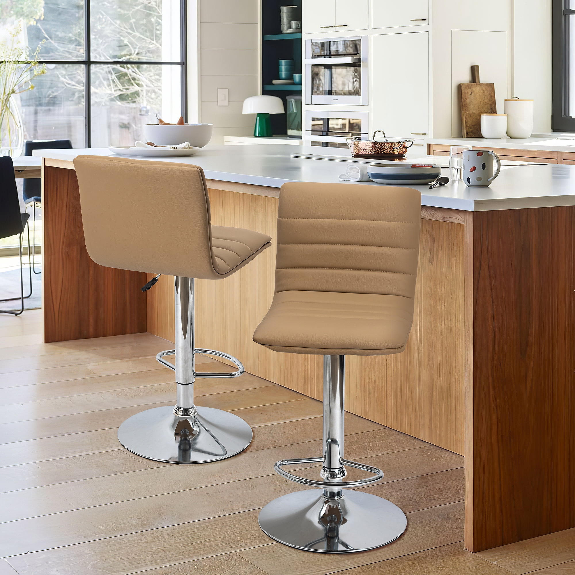 Set of 2 Bar Chairs Height Adjustable Counter Bar Stools with Cushion Brwon