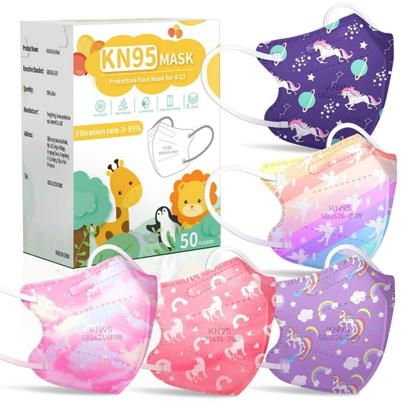 Mascarilla facial FENFEN Kids KN95 desechable, paquete de 50 unidades, unicornio