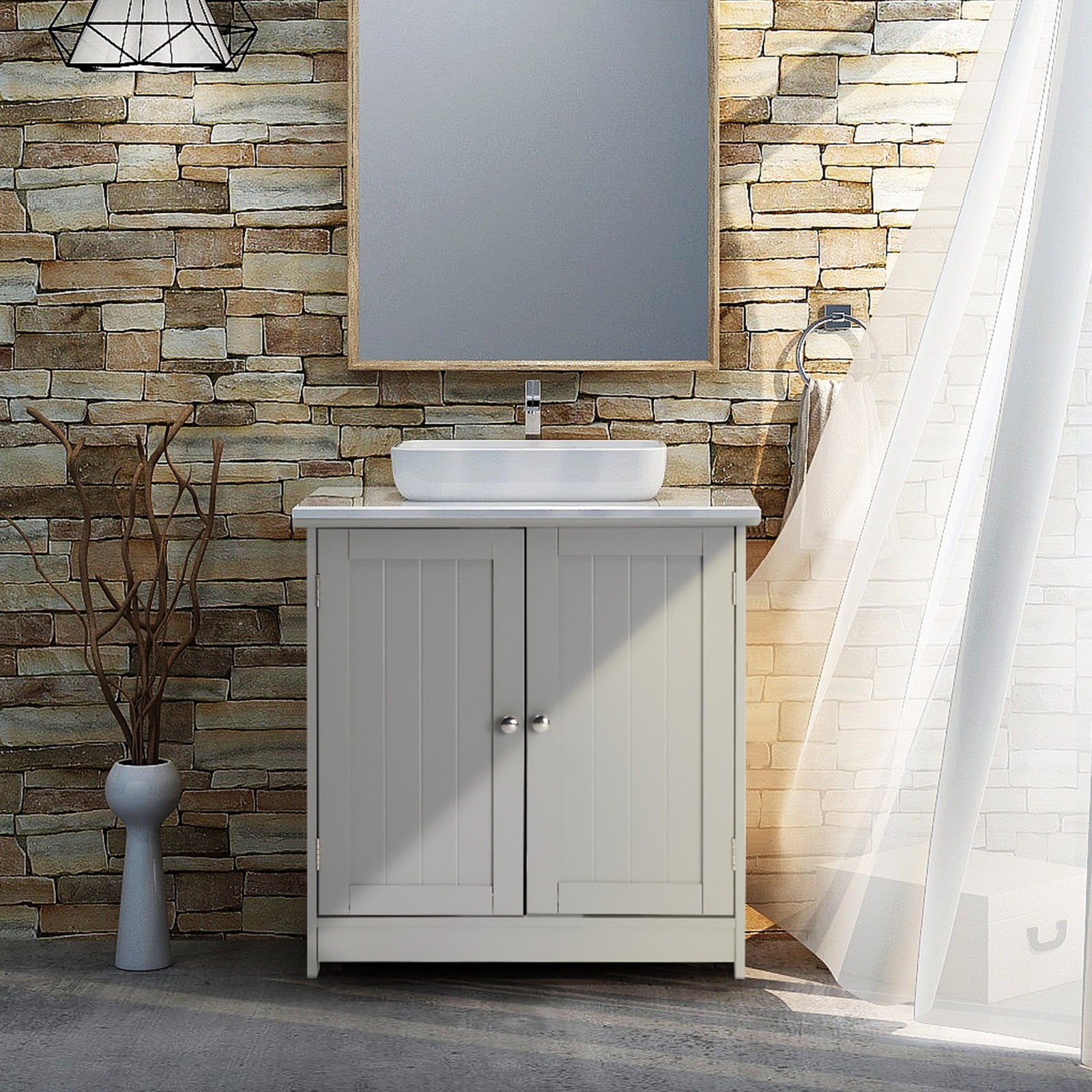 VINGLI Bathroom Sink Cabinet Gray Pedestal Sink Storage Vanity Organizer with 2 Doors Adjustable Shelf Small Under Sink Unit Space Saver 23.6" x 11.8"x 23.6"