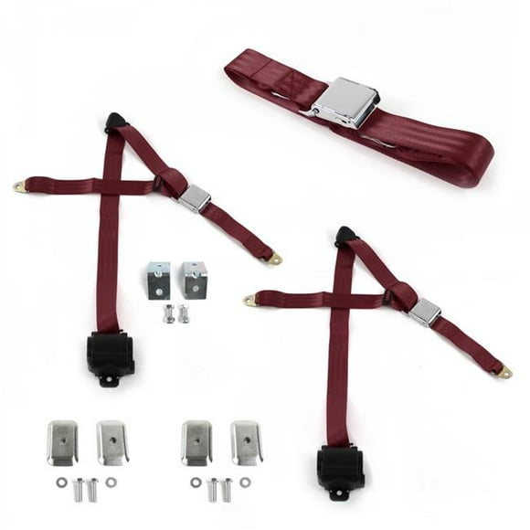Airplane 3 Point Burgundy Retractable Bench Seat Belt Kit with Bracketry for 1970-1979 AMC Gremlin - 3 Belts