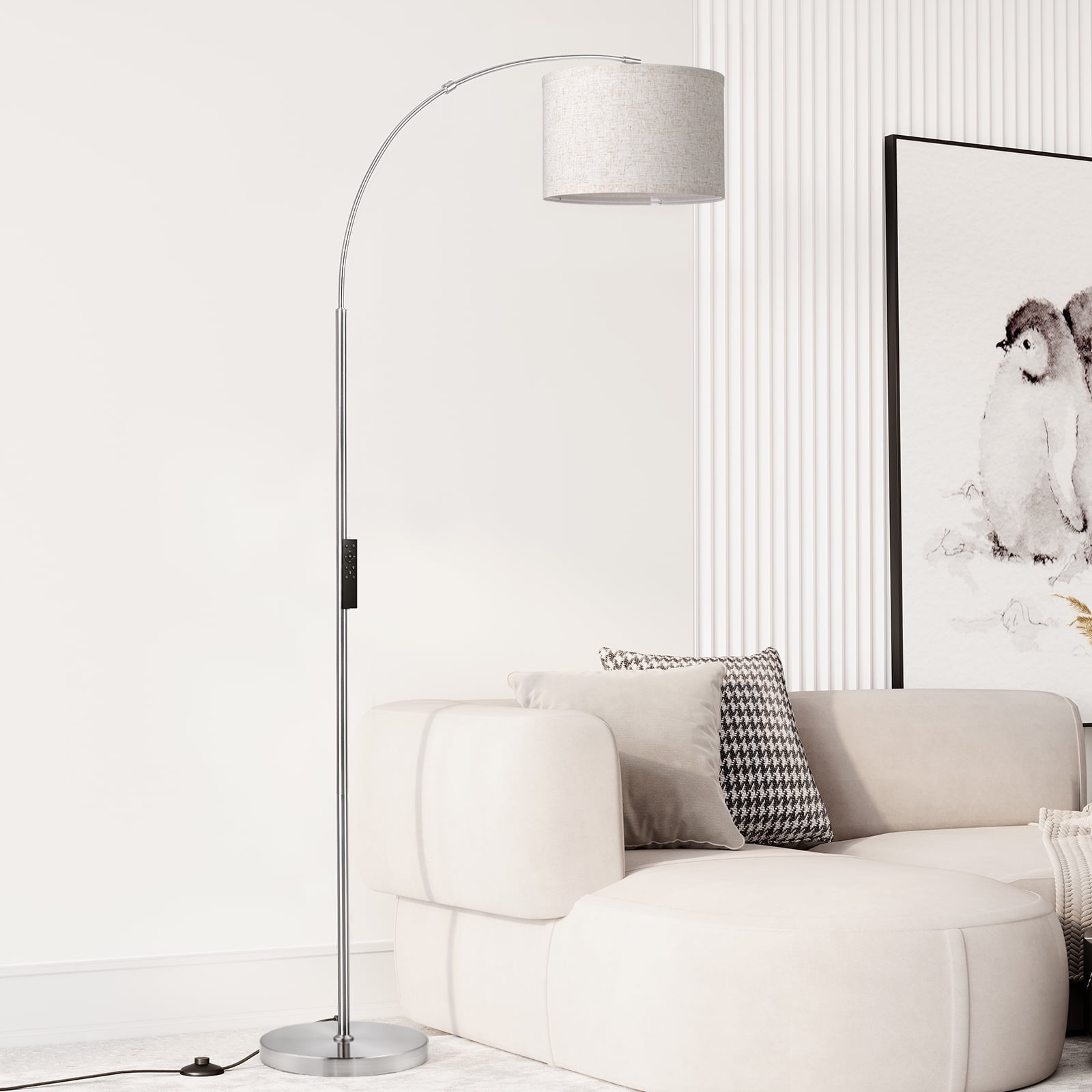 SUNMORY Arc Floor Lamp with Remote, Modern Floor Lamp with Stepless Dimmer, Tall Lamp with Hanging Drum Shade, Iron, Silver