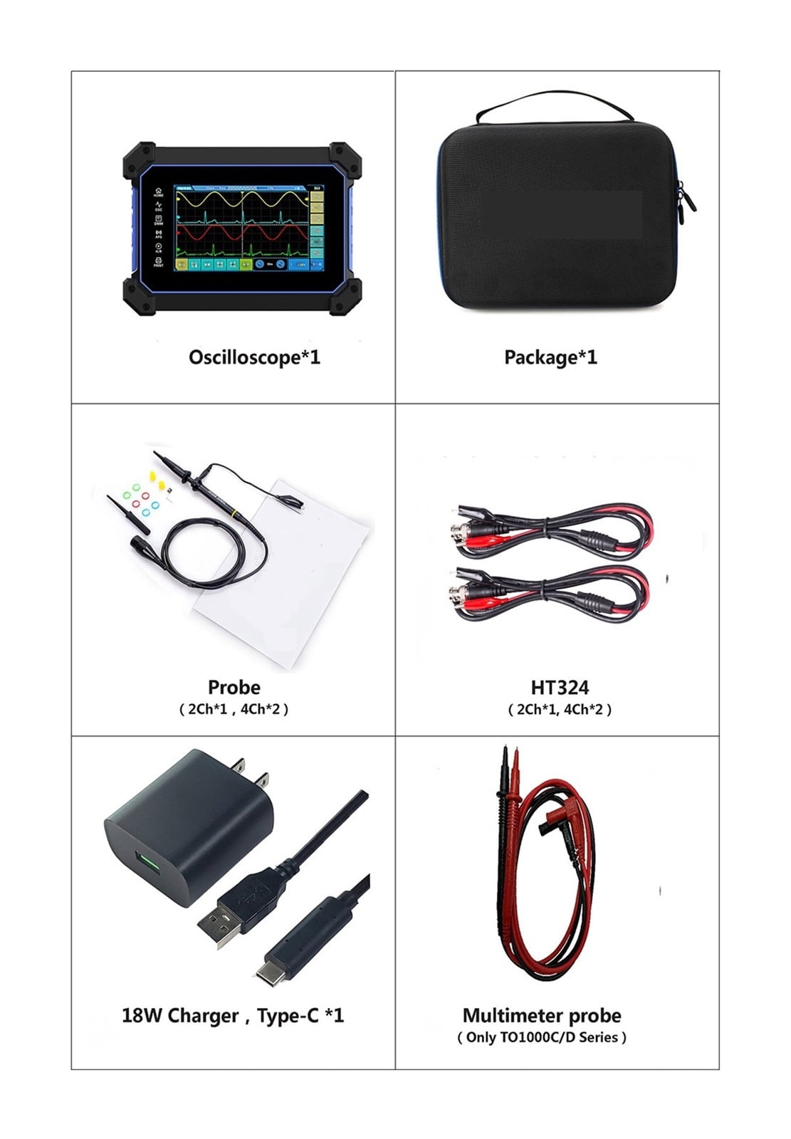 TO1254D Touch Screen Digital Oscilloscope Portable 4 Channels USB Oscilloscopes + Signal Source +Multimeter Tester ,Professional Designed