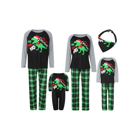 

wybzd Parent-Child Christmas Pajamas Outfits Long Sleeve Dinosaur Print Tops Plaid Pants 2Pcs Set Family Sleepwaer Psj