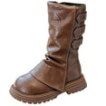 thumbnail image 2 of Girls Fall Winter Fleece Lined Mid-Calf Leather Boots, Long Barrel Princess Style Soft Sole Warm Fashion Daily Matching Dress Boots Brown 2.5, 2 of 7