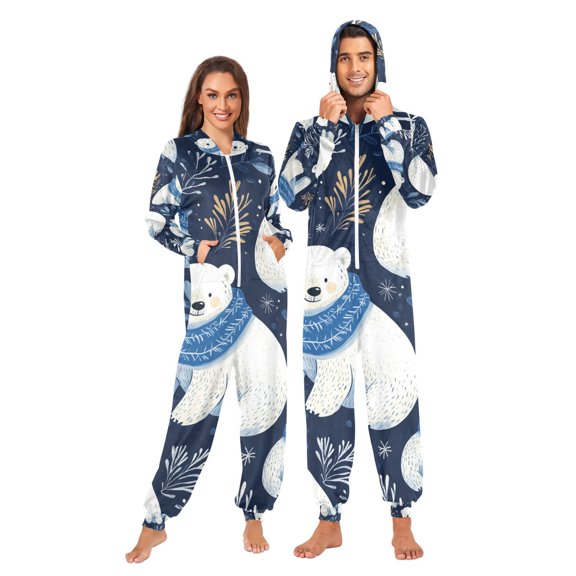 Polar Bears Leaves Adult Onesie Pajamas Slim Fit Christmas One Piece Suit Pjs for Women and Men Hooded Zipper