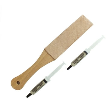 TechDiamondTools Set of 11” Long Leather Paddle Strop for Knife Sharpening and Two Diamond Polishing Compounds with Light Concentration for Sharpening Knives, Double Sided Leather Strop USA made