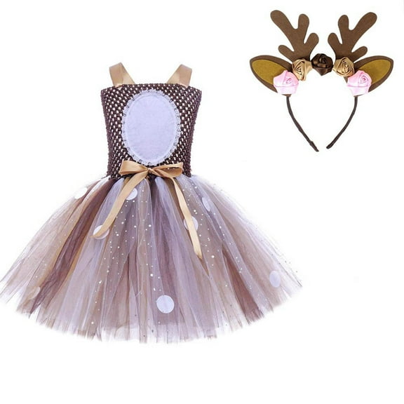 NiSHUIHAN Cute Dresses for Women Girls' Dress Christmas Cute Deer Mesh Dress Children's Holiday Dance Performance Dress Khaki M