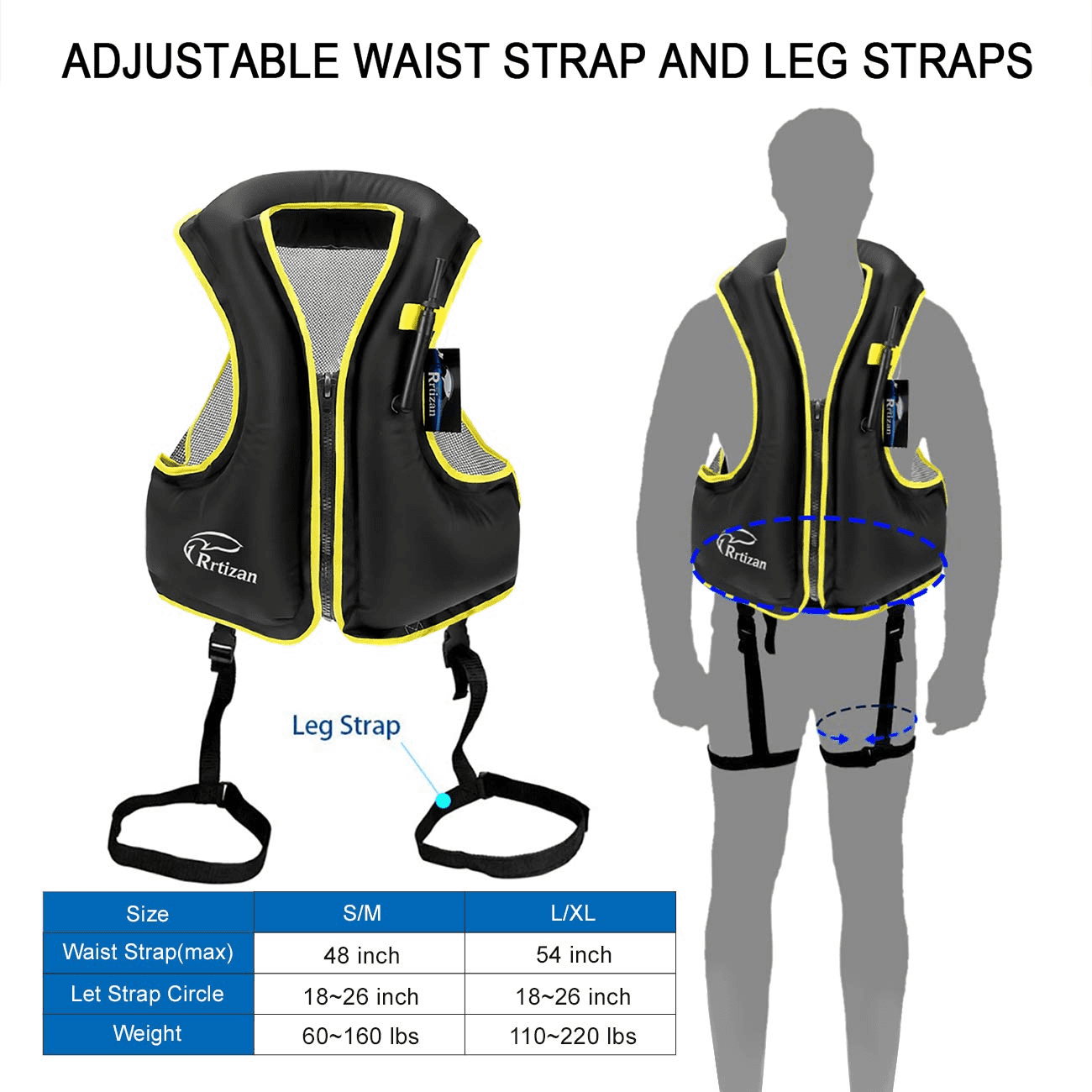 Rrtizan Adults Inflatable Swim Vest, Portable Snorkel Vest for Men/Women, Buoyancy Aid Jackets, Black, S/M
