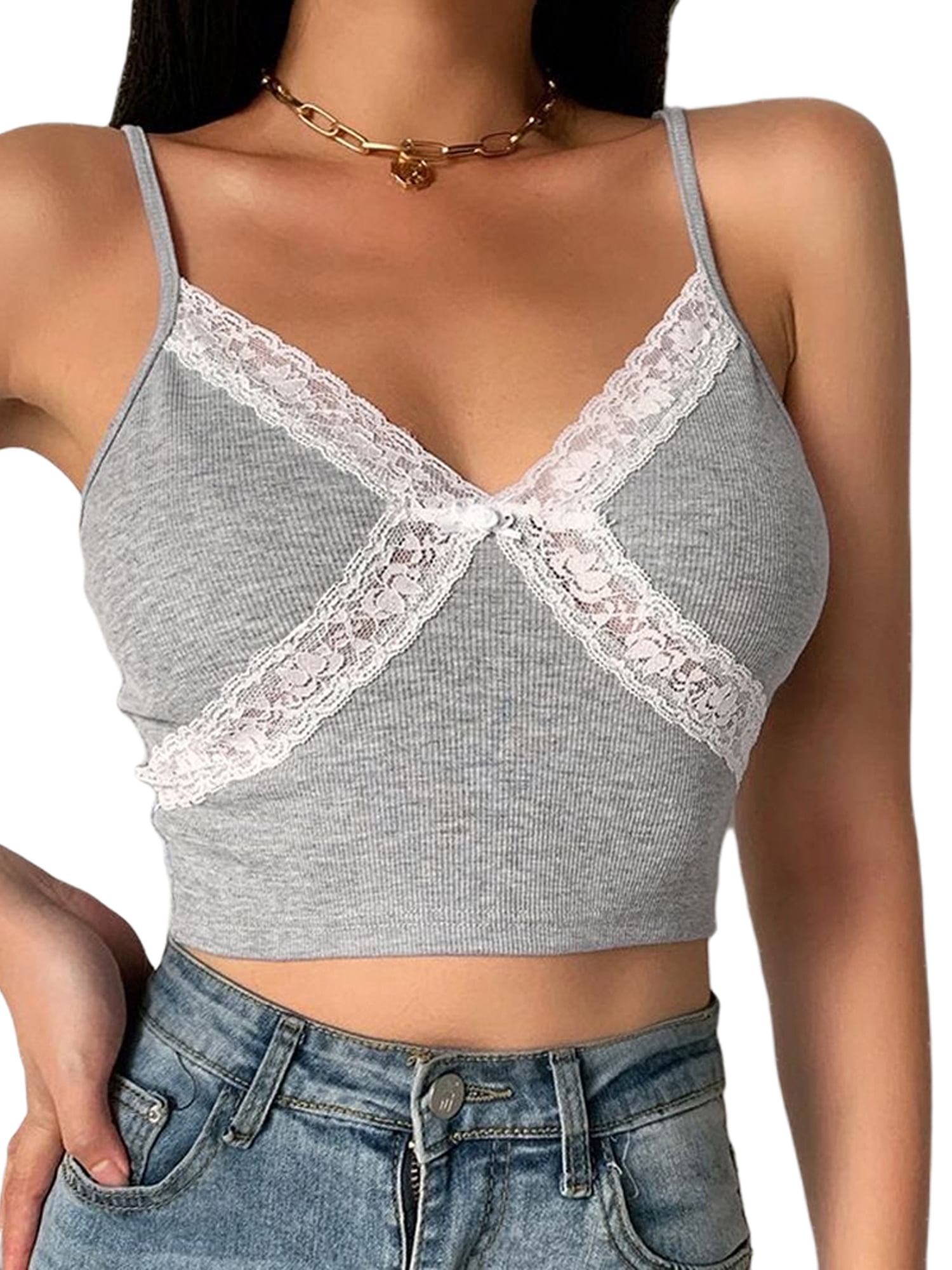 Women Spaghetti Strap Lace Camisole V Neck Sleeveless Crop Tops Tik Tok  Summer Vest Top E Girl Tank Tops Streetwear - Walmart.com