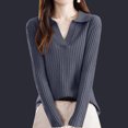 thumbnail image 2 of FamilyThread Womens Fall Long Sleeve Sweaters Tops Lapel V Neck Knit Sweater Solid Color Casual Soft Pullover Shirt Comfy Clothes, 2 of 3