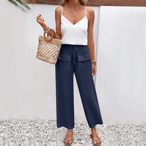Mifsaly Cotton Linen Wide Leg Pants for Women Summer Vacation Beach Pant Drawstring Waist Loose Fit Comfortable Travel Casual Trousers with Button Flap Pockets S