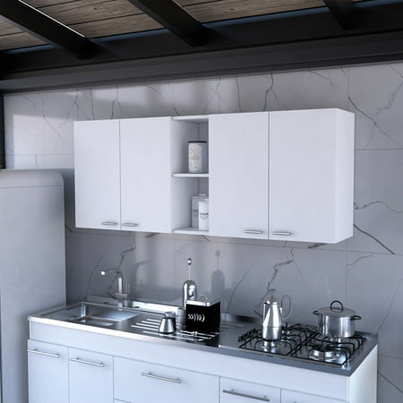 LiviNest Wall Cabinet for Kitchen Storage: 150cm Wide Wall Mounted Cabinet with 4 Doors - 2 Shelves & Built-in Dish Rack for Apartment Kitchen & Utility Room - White Modern Design
