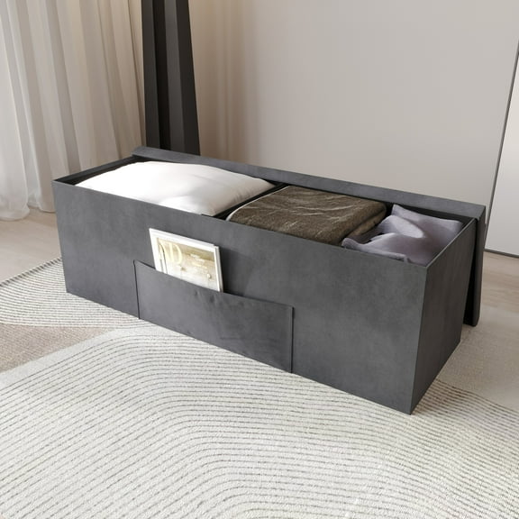 Home Design Chico 42" Tufted Upholstered Folding Storage Bench with Deep Cushion and Front Pocket, Multi-Purpose Rectangular Design for Bedroom, Entryway, or Living Room, Dark Gray