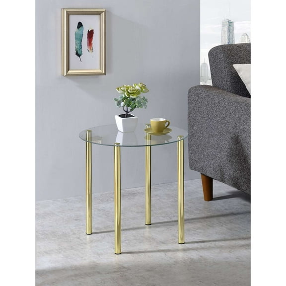 K&B Round Side End Accent Table, Gold Metal/Glass