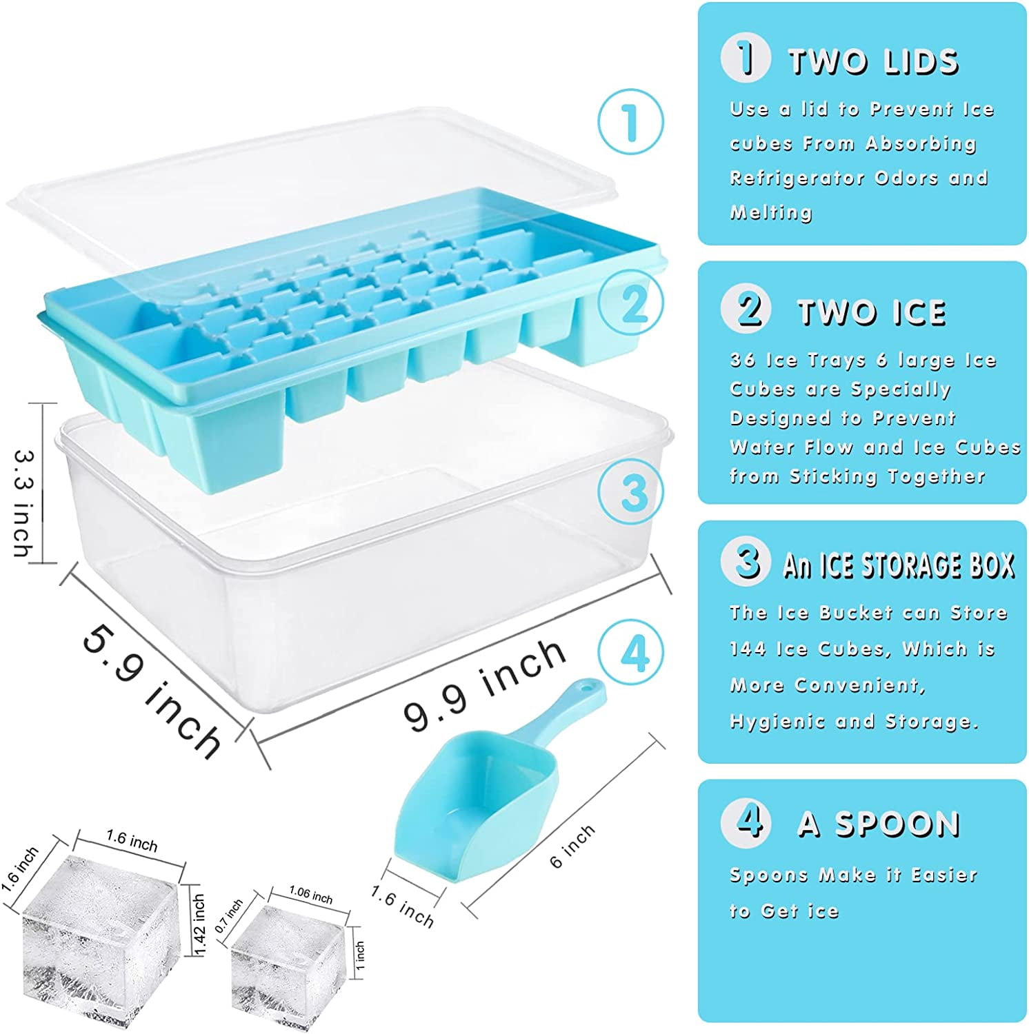 Ice Cube Tray with Lid and Bo - Ice Cube Mold for Refrigerator BPA Free Ice Container with Spoon and Lid Blue Green Powder (Green+110)