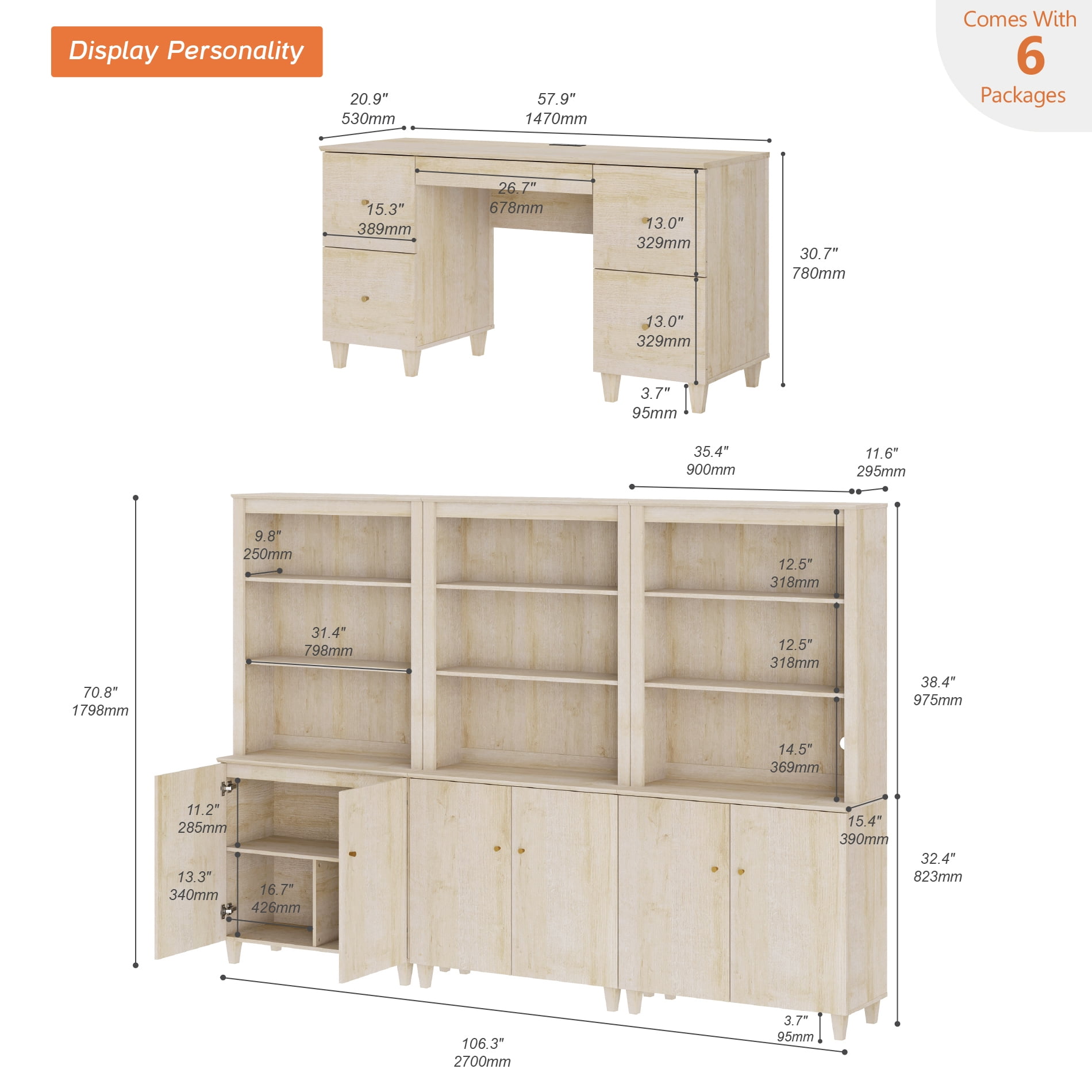 WAMPAT Home Office Furniture Set, 58" Executive Desk with Charging Station and Drawers,3-Column 71" Tall Bookcase with Doors and Adjustable Shelves for Living Room, Natural Oak