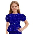 thumbnail image 3 of inlzdz Kids Girls Sequin Velvet Tops Sparkle Glitter Dressy Blouse Puff Sleeve Peplum Tops with Belt Blue 8, 3 of 5