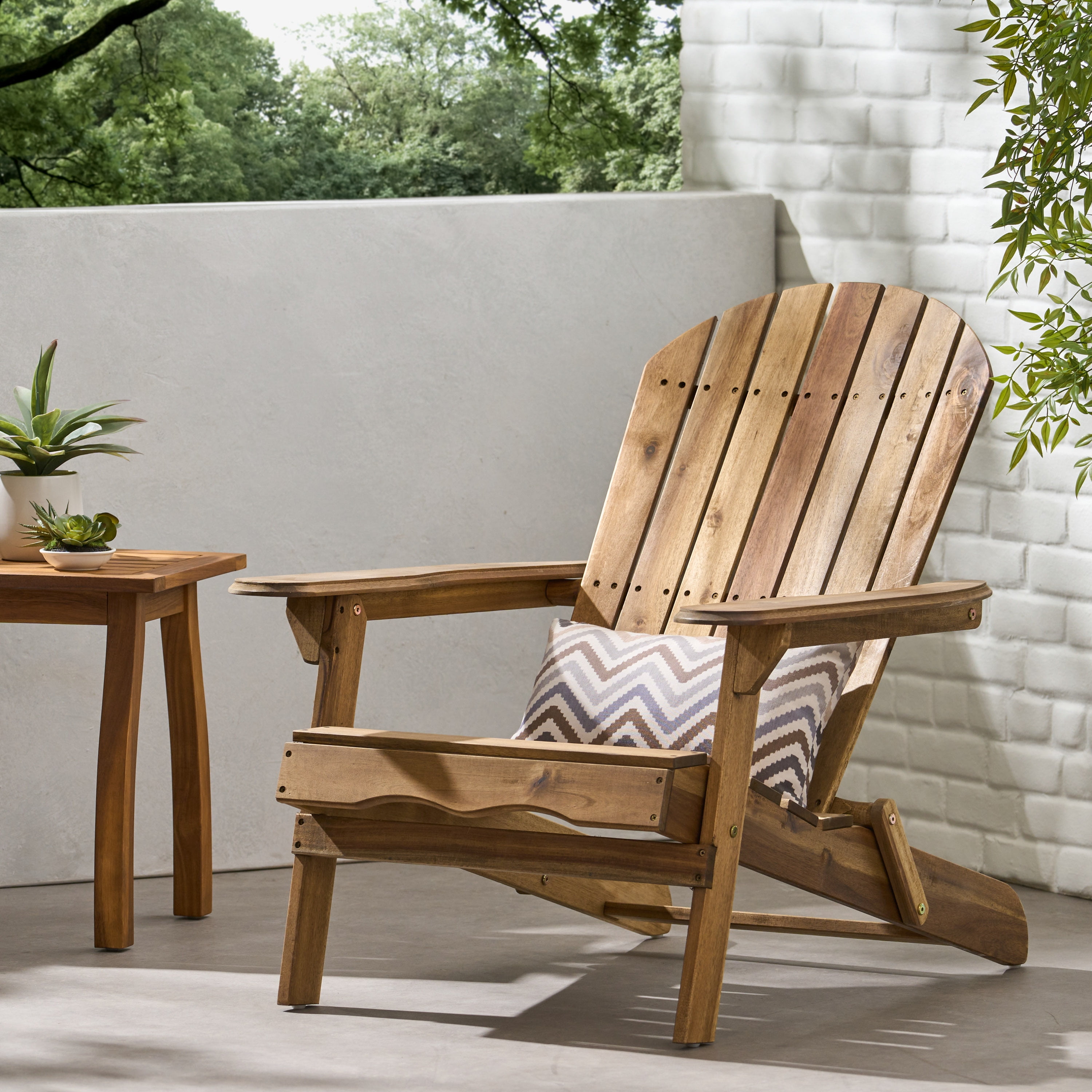 Folding Adirondack Chair, Teak Finish Acacia Wood Outdoor Lounge Chair with Slatted Back and Wide Armrests, Foldable Fire Pit Chair for Patio Garden Backyard Relaxation