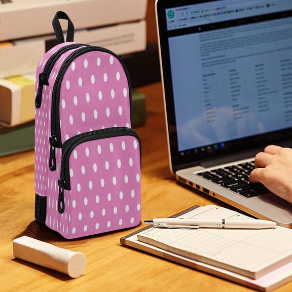 Backpack Pencil Case, 3 Compartment Large Capacity Oxford Fabric Pencil Pouch / Soft Pink Polka Dot