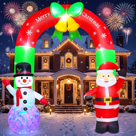 Yexmas 8FT Christmas Inflatable Archway with Santa Claus and Snowman,Outdoor Holiday with Built-in Colorful Rotating Light