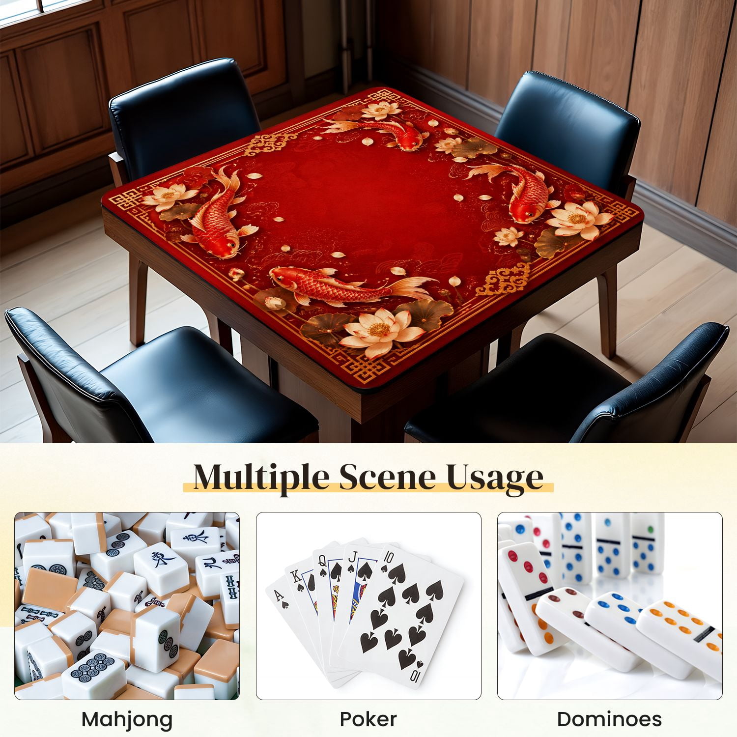 Mahjong Mat 31.5" x 31.5" Red Gold Fish Lotus Flowers Non-Slip Noise Reduction Mahjong Tiles Table Cover for Dominoes Poker Card Board and Tile Games
