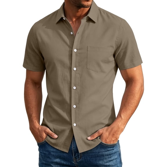 LEKWK Button Down Shirt for Men Short Sleeve Collared Casual Work Shirt with Chest Pocket Lightweight Breathable Classic Fit Summer Top Brown XXXXXL