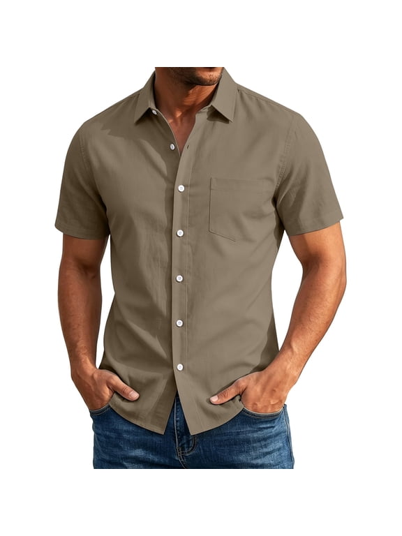 Mens Short Sleeve Collared Light Textured Single Pocket Button Shirt, Wrinkle Free Business Casual Top for Office Meetings Brown XXXXL