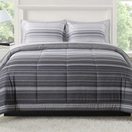 MAINSTAYS ALL IN ONE REVERSIBLE COMFORTER AND SHEET SET, 7-PIECE, FULL, GRAY STRIPE