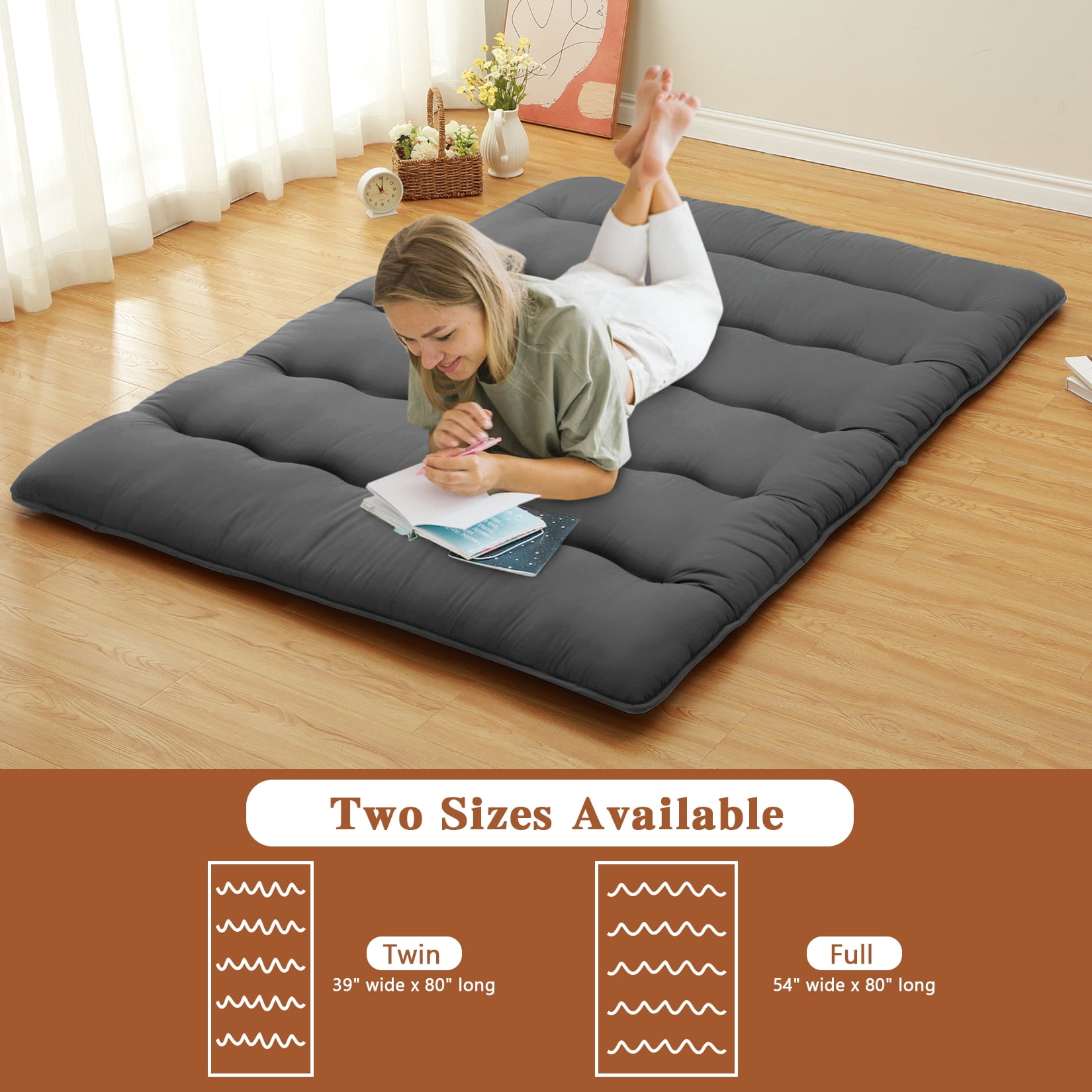 Japanese Futon Floor Mattress Twin/Full Size Sleeping Mat, Tatami Mat, Portable & Foldable Roll Up Camping Mattress Pad for Sofa Lounger, Dark Gray, Full (137*203cm)