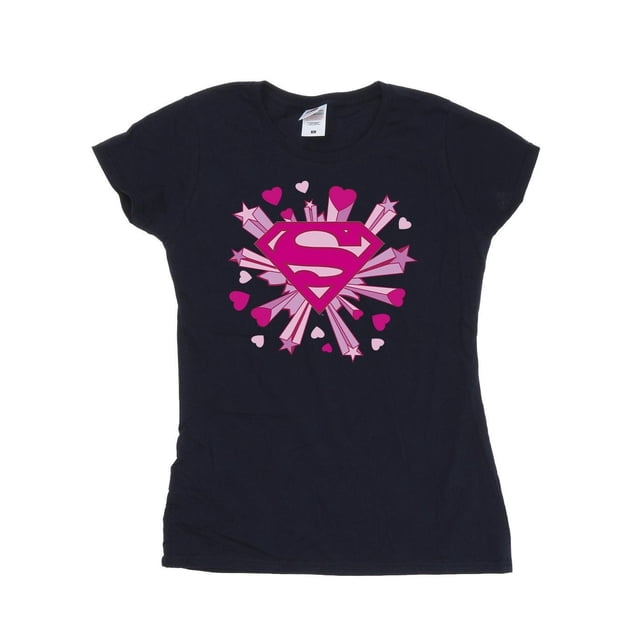 DC Comics T-Shirt en Coton pour Femmes Superman Logo Cœurs et Étoiles Roses