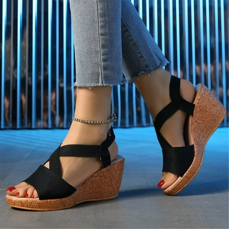 

ZHELIYO Women s sandals Women s Casual Stretchy Slope Bottom Roman Shoes Summer Fashion Ladies Sandals Black 9