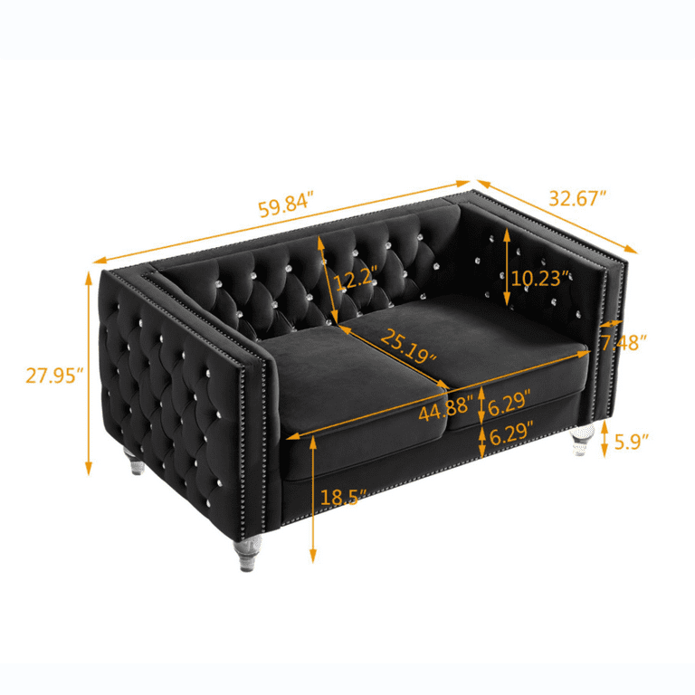 2 3 Seat Sofa Set Velvet Crystal Buckle Uphostered Sofa with 4 Plush Pillows Modern Living Room Couch with Removable Cushion and Crystal Feet Black